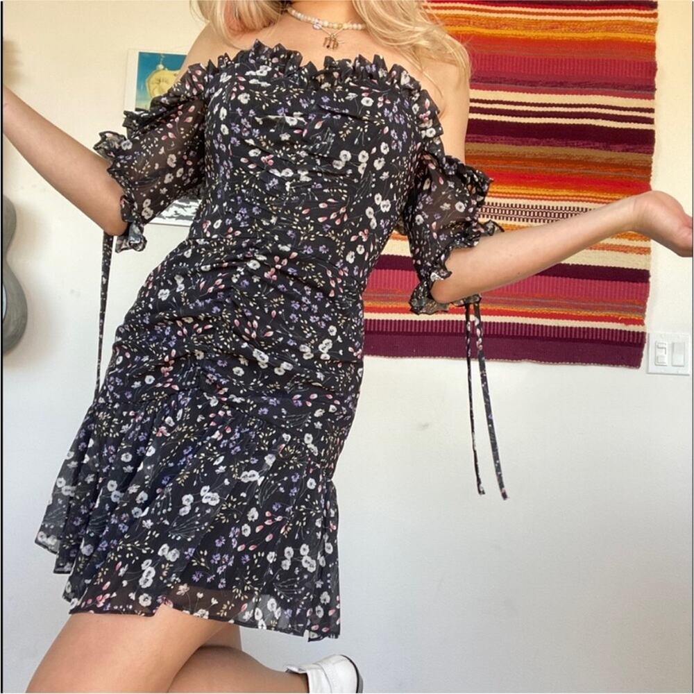 Anthropologie La Maison Talulah Black Floral Mini Dress Sz Small Ruched Ruffles